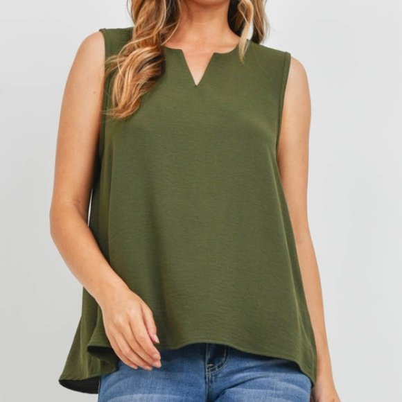 Tops - Plus Size Solid Split Neck Sleeveless Blouse Olive